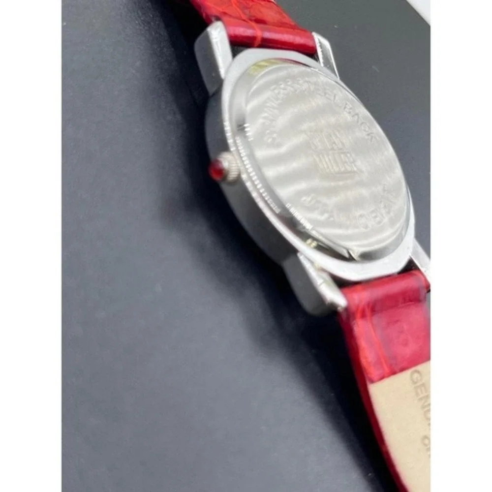Nolan Miller Vintage quartz watch red leather band‎ rhinestone bezel